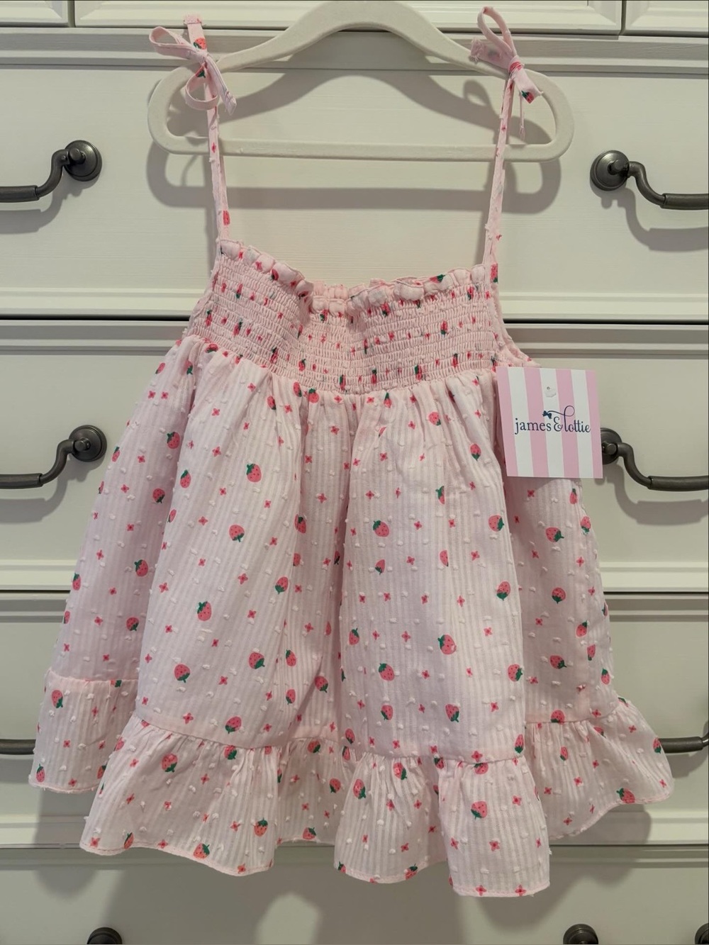 NWT James & Lottie Libby Smocked Sun Dress Strawberry Swiss Dot Dress Size 4T